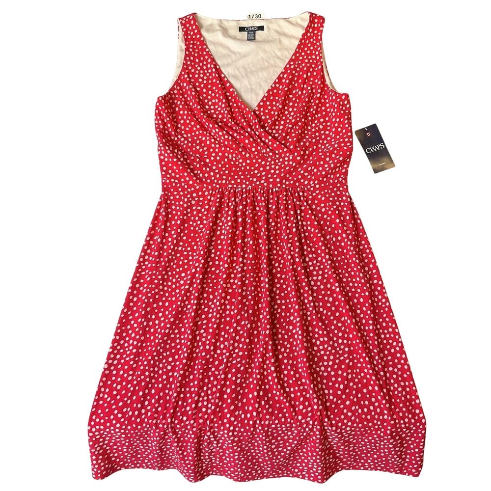 Chaps Women Midi Dress M Red Polka Dot Fit & Flare Sleeveless V-neck
